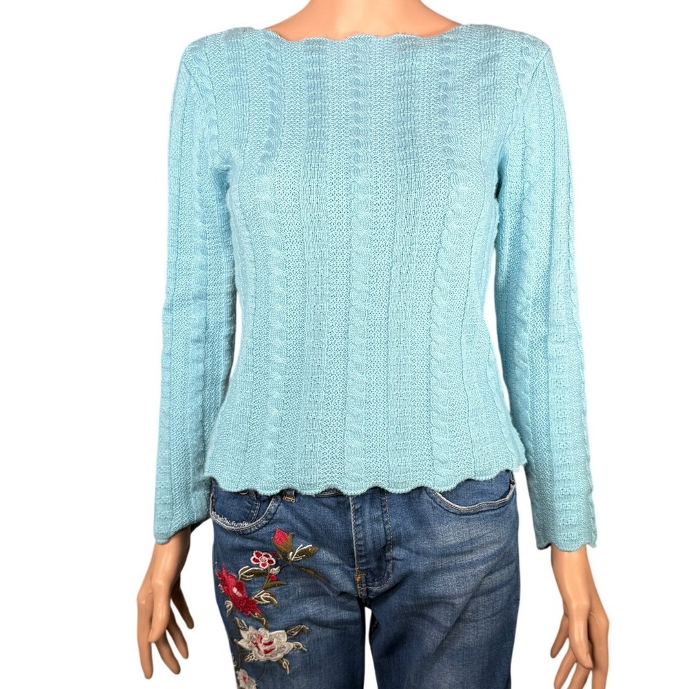 Talbots‎ Petites Silk Cashmere Cable Knit Sweater Turquoise Blue Boat Neck PS